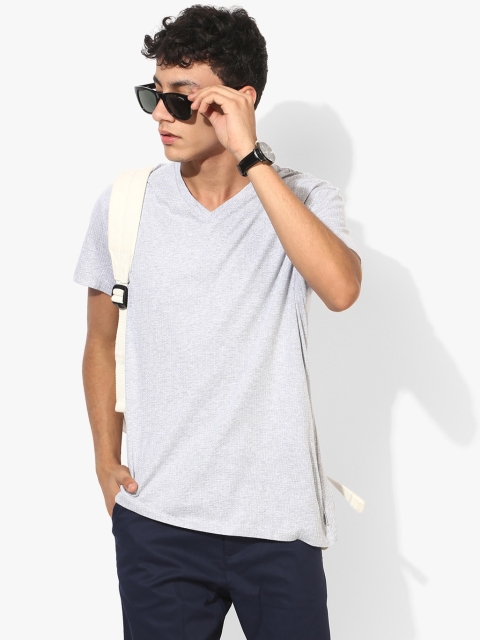 Grey Textured Regular Fit V Neck T-Shirt