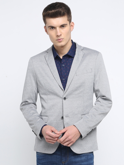 Basics Men Grey Solid Single-Breasted Formal Blazer