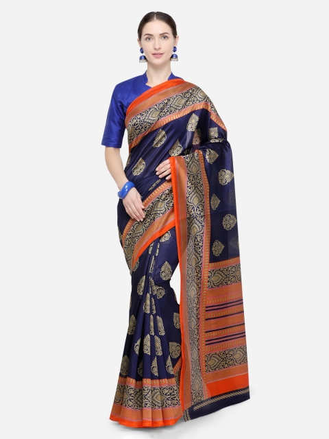 Satrani Navy Blue Printed Poly Silk Saree