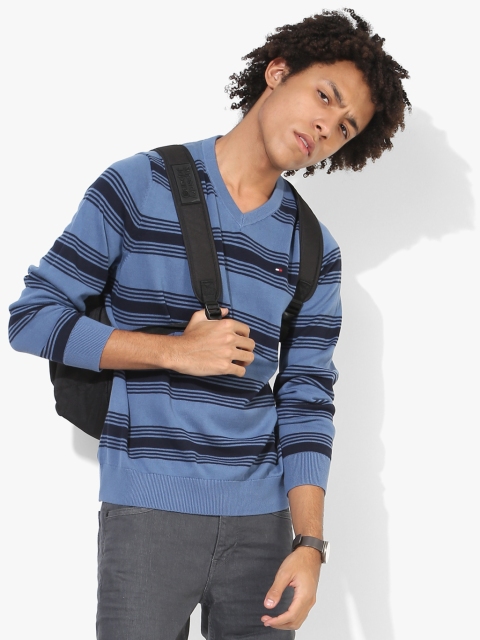 Blue Striped V Neck Sweater