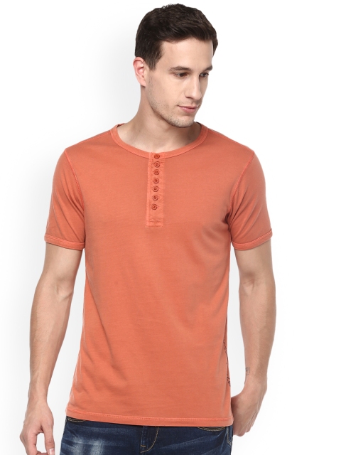SPYKAR Men Orange Solid Henley Neck T-shirt