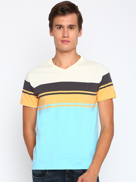 Basics Men Blue Off-White Striped V-Neck Pure Cotton T-shirt