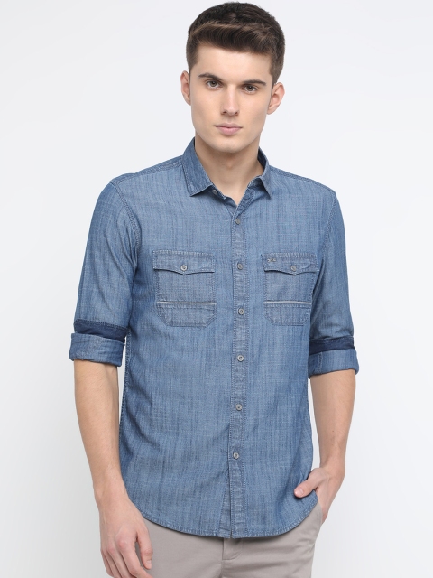 Basics Men Blue Slim Fit Solid Casual Shirt