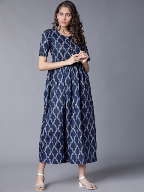 Vishudh Women Navy Blue Printed Empire Dress