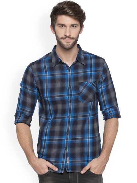SPYKAR Men Blue & Grey Slim Fit Checked Casual Shirt
