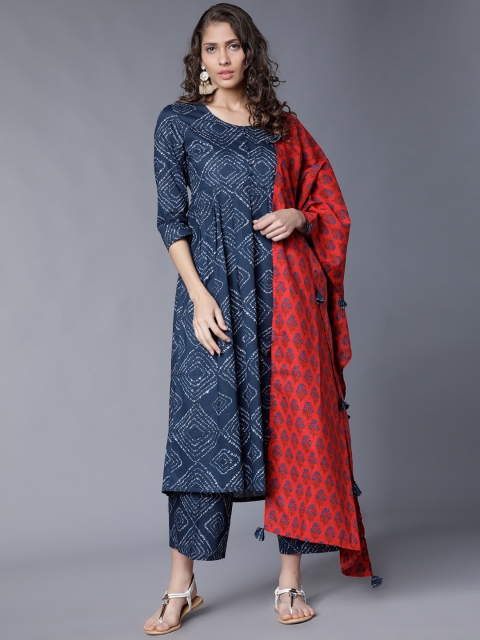 Vishudh Women Navy Blue & Printed Kurta with Palazzos & Dupatta