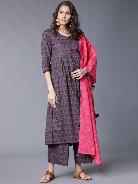 Vishudh Women Charcoal & Pink Printed Kurta with Palazzos & Dupatta