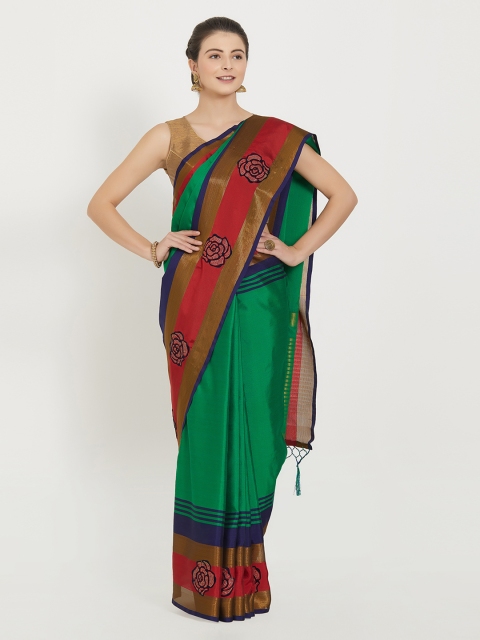 Kvsfab Green & Red Silk Cotton Embellished Saree