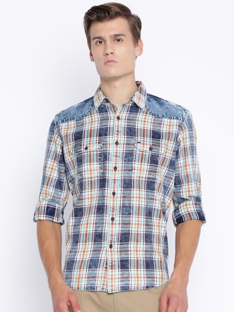 Basics Men Blue & Off-White Slim Fit Checked Casual Shirt