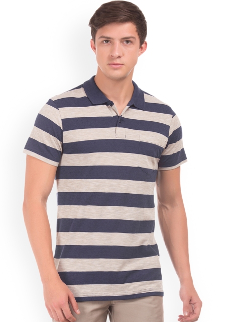 Ruggers Men Navy & Beige Striped Polo T-shirt, Navy blue