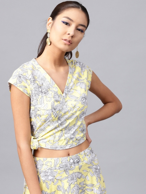SASSAFRAS Women Yellow Printed Wrap Pure Cotton Top