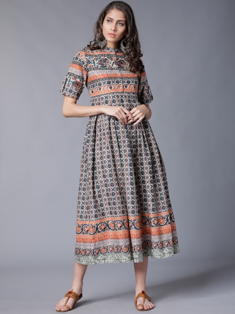 Vishudh Women Teal Printed Fit and Flare Dress