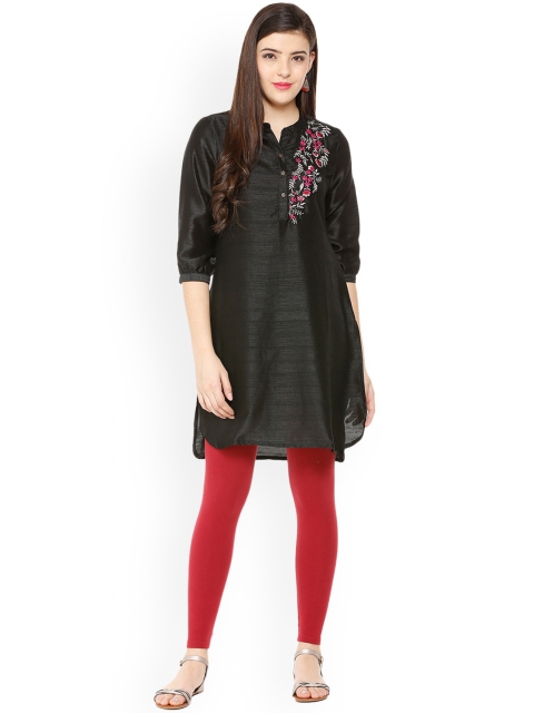People Women Black Embroidered Straight Kurta