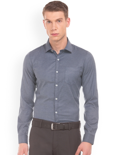 Excalibur Men Navy Blue Skinny Fit Self Design Formal Shirt