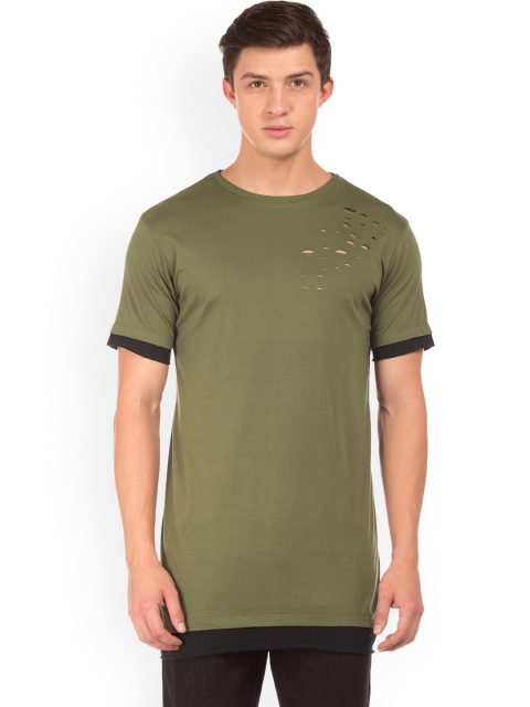 Colt Men Olive Green Solid Round Neck T-shirt
