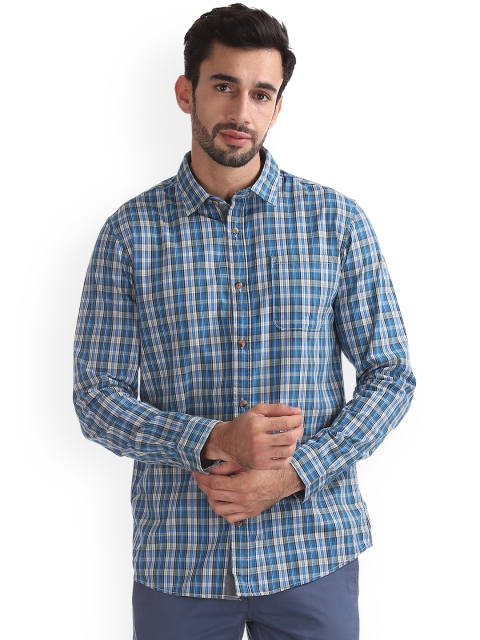 Ruggers Men Blue Regular Fit Checked Casual Shirt