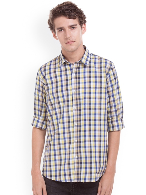 Ruggers Men Yellow & Blue Regular Fit Checked Casual Shirt