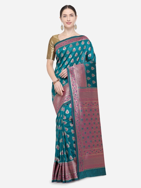 Satrani Teal Blue Poly Silk Woven Design Kanjeevaram Saree
