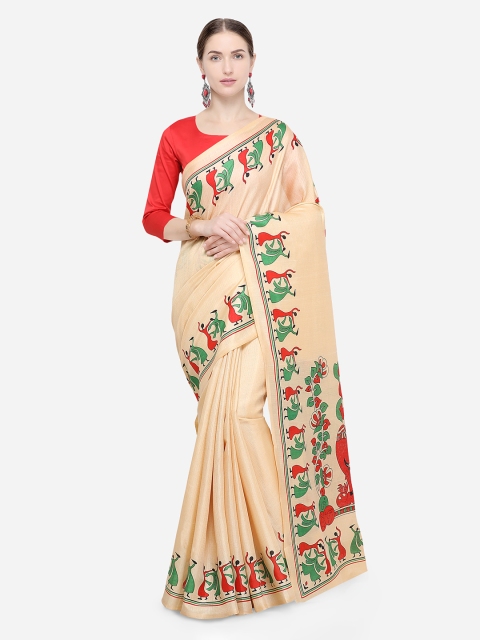 Satrani Beige Solid Poly Silk Saree