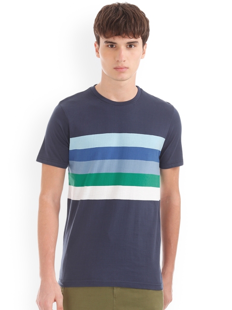 Colt Men Navy Blue Striped Round Neck T-shirt