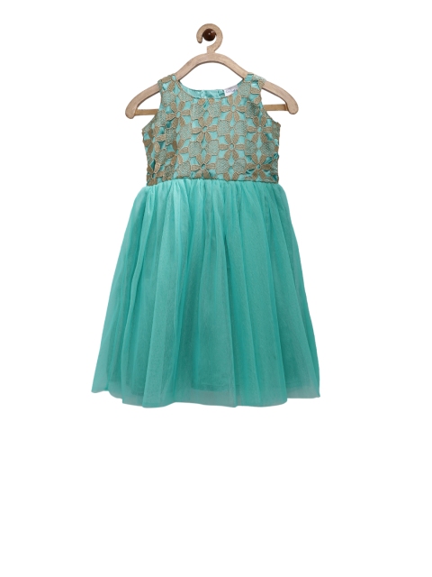 Doodle Girls Sea Green & Brown Self Design Fit and Flare Dress