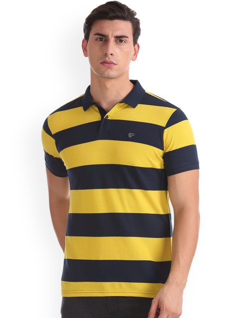Ruggers Men Yellow & Navy Blue Striped Polo Collar T-shirt