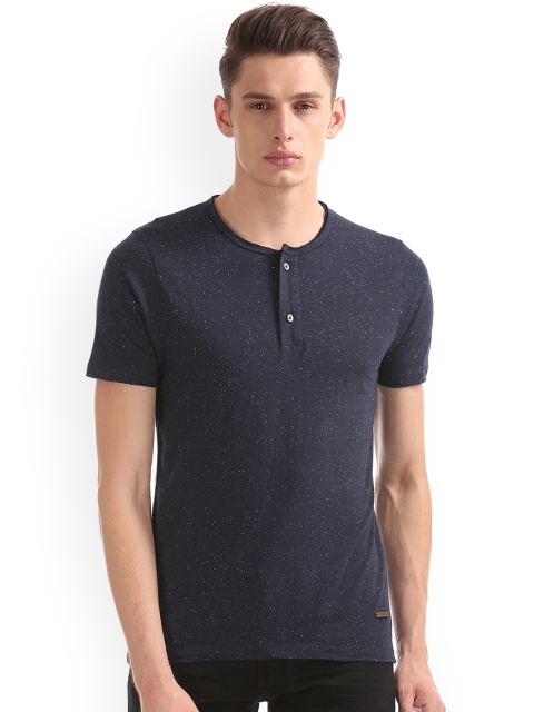 Cherokee Men Blue Solid Henley Neck Pure Cotton T-shirt