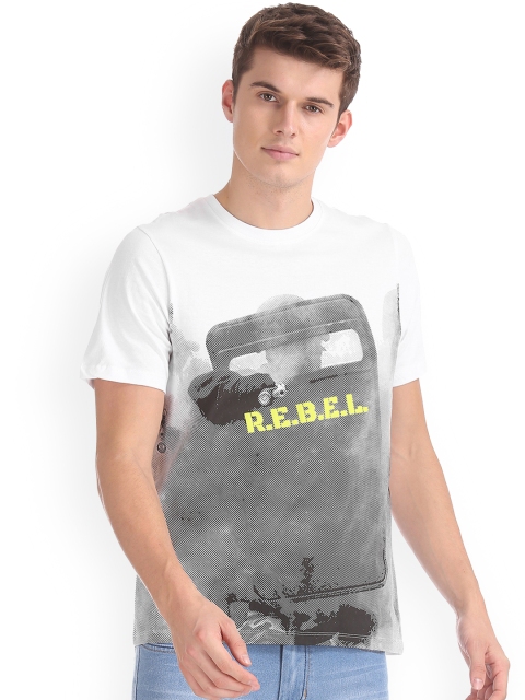 Colt Men White & Grey Printed Round Neck T-shirt