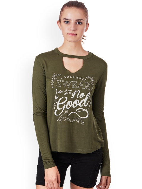 Free Authority Women Olive Green Harry Potter Printed T-shirt