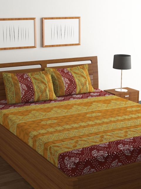BOMBAY DYEING Yellow Ethnic Motifs Flat 104 TC Cotton 1 King Bedsheet with 2 Pillow Covers