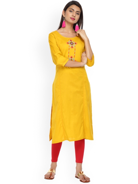 Alena Women Mustard Yellow Embroidered Straight Kurta