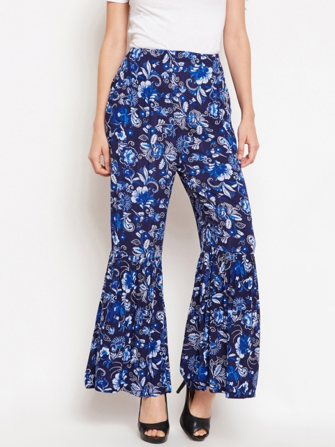 Oxolloxo Women Navy Blue Regular Fit Printed Bootcut Trousers