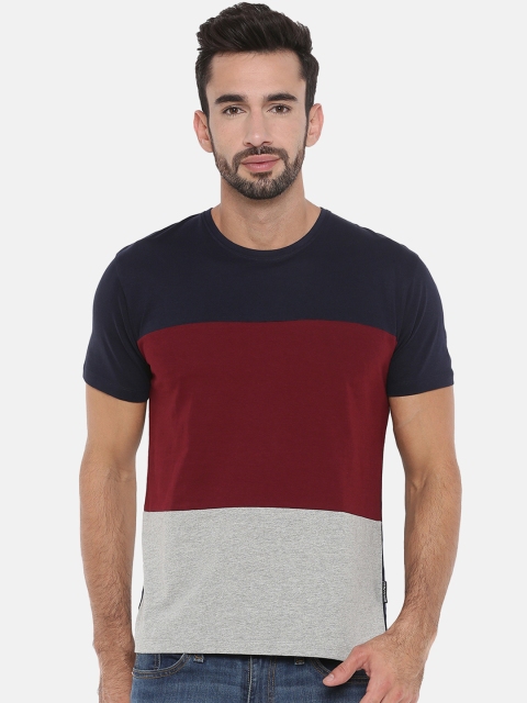 Braveo Men Navy Blue Colourblocked Round Neck Slim Fit T-shirt