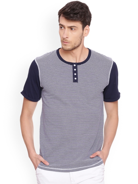 Soul Space Men Navy Blue Striped Henley Neck Organic Cotton T-shirt