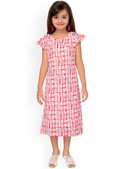 Kidling Girls Pink & White Printed Fit and Flare Dress