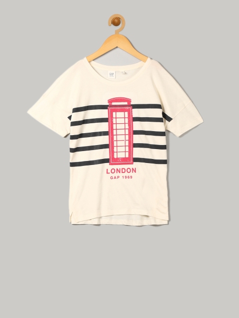 GAP Girls Off-White Self Design Round Neck T-shirt