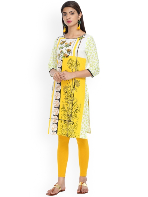 Alena Women Yellow & White Printed Straight Kurta