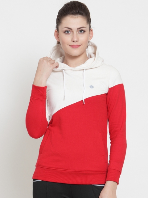 BUKKUM Women Red & White Colourblocked Hooded Sweatshirt