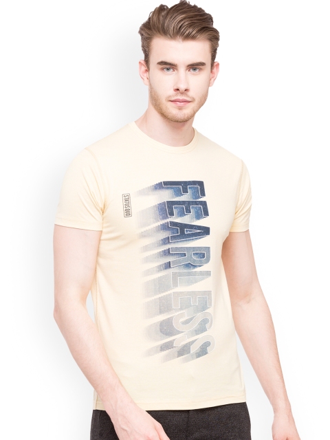 Status Quo Men Beige Printed Round Neck Pure Cotton T-shirt