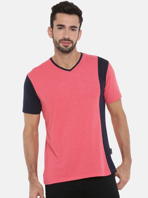 Braveo Men Navy Blue Colourblocked V-Neck T-shirt