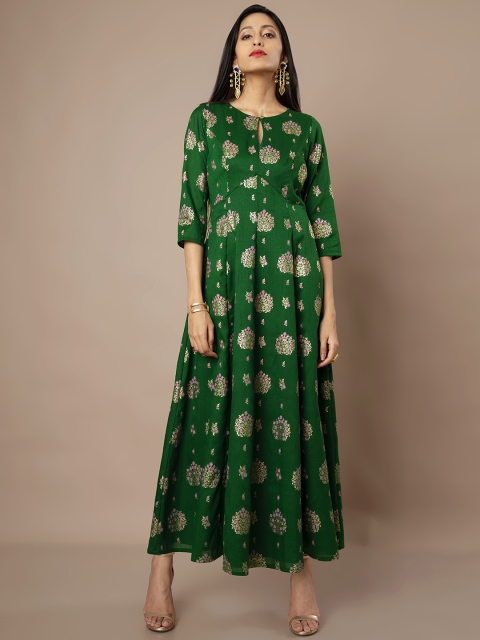 INDYA Women Green Printed A-Line Ethnic Maxi Dress