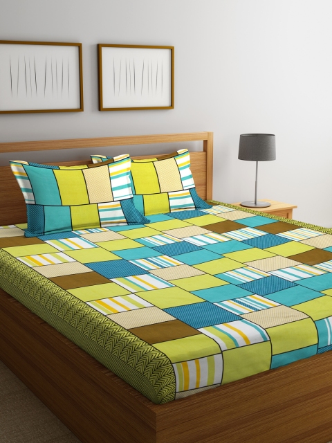 RANGRAGE Blue & Multicoloured Printed Cotton Bedsheet With 2 Pillow Covers