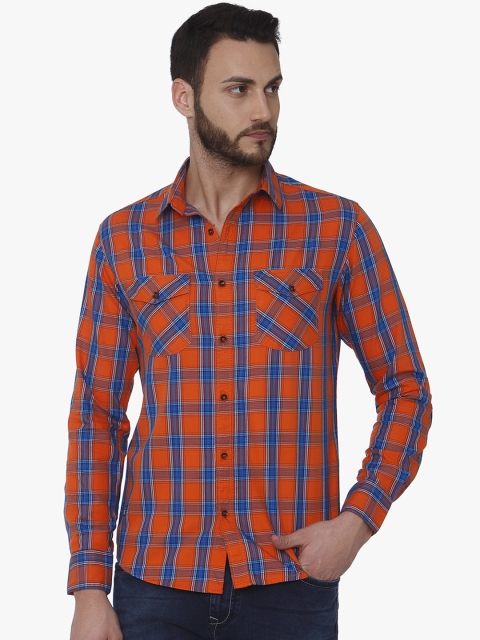 Mufti Men Orange & Blue Slim Fit Checked Casual Shirt