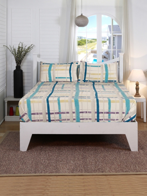 MASPAR Blue & Off-White Abstract Flat 210 TC Cotton 1 Queen Bedsheet with 2 Pillow Covers