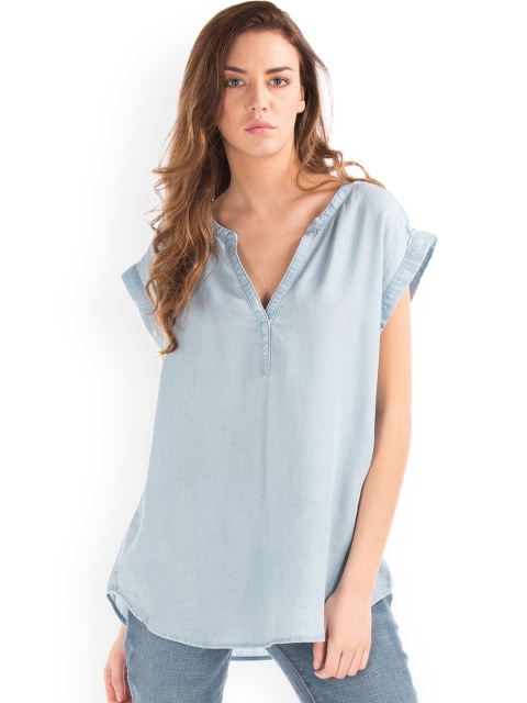 GAP Women Blue Washed Chambray Top