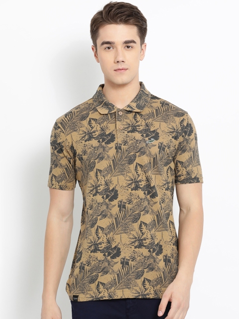 Crocodile Men Khaki Printed Polo Collar Slim Fit T-shirt