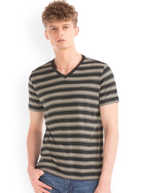 GAP Men Black and Beige Mix Stripe V-Neck Tee
