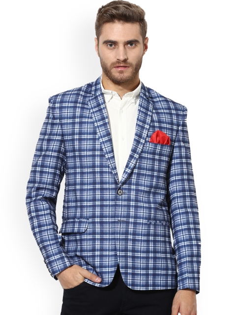 Hangup Men Blue Checked Single-Breasted Casual Blazer