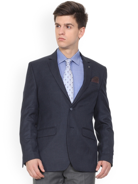 Van Heusen Men Navy Blue Self Design Single-Breasted Formal Blazer