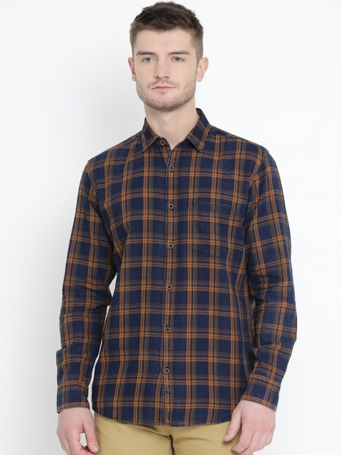 Richlook Men Blue & Brown Slim Fit Checked Casual Shirt